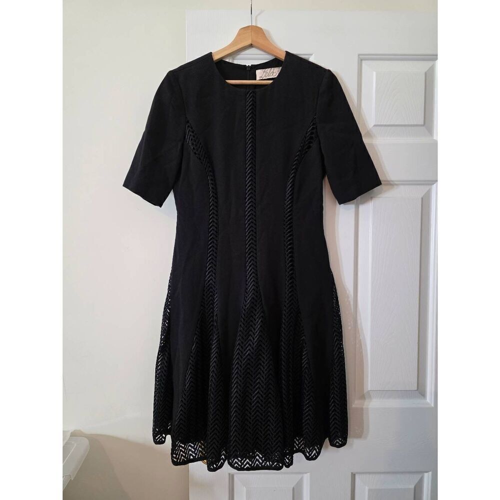 LELA ROSE Black Woven Lace Panel Short Sleeve Godet Hem A-Line Dress 10